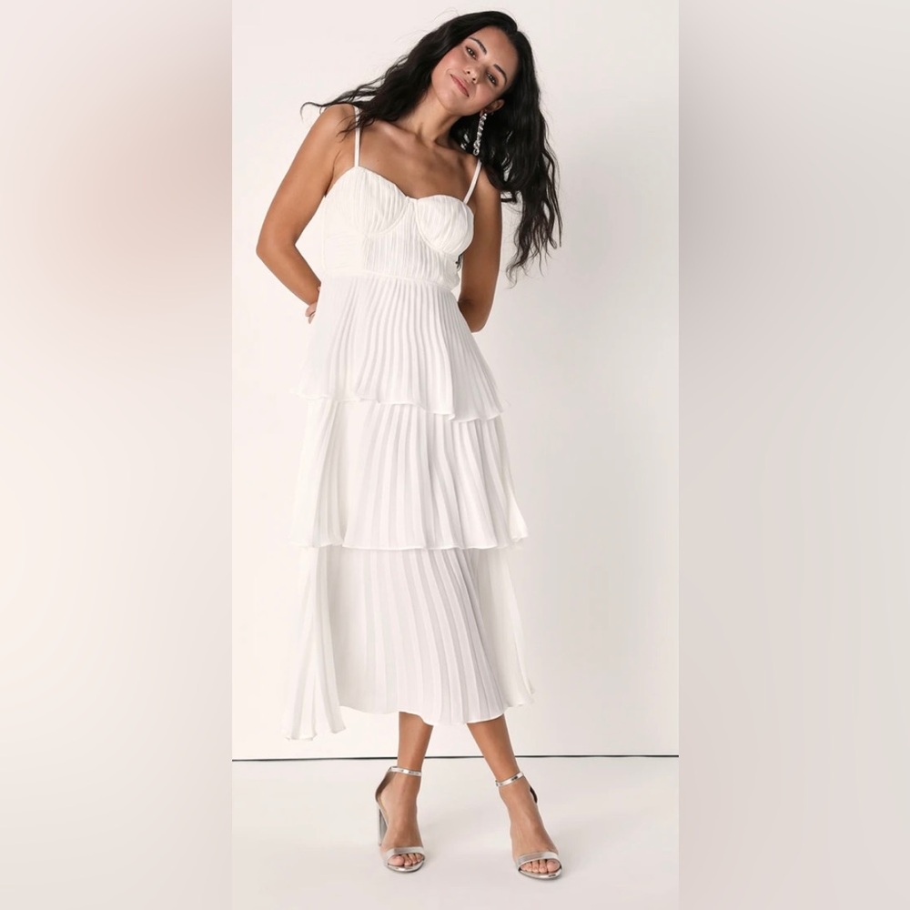 Lulu’s Cascading Crush Tiered Bustier Midi Dress in White